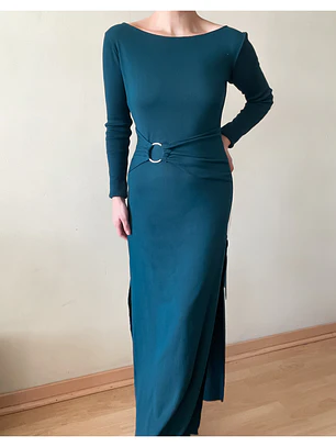 Vestido Largo Verde Petróleo con Argolla y Aberturas Laterales