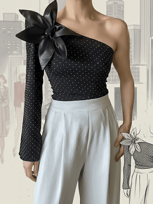 Top asimétrico microcristales con flor 3D removible 