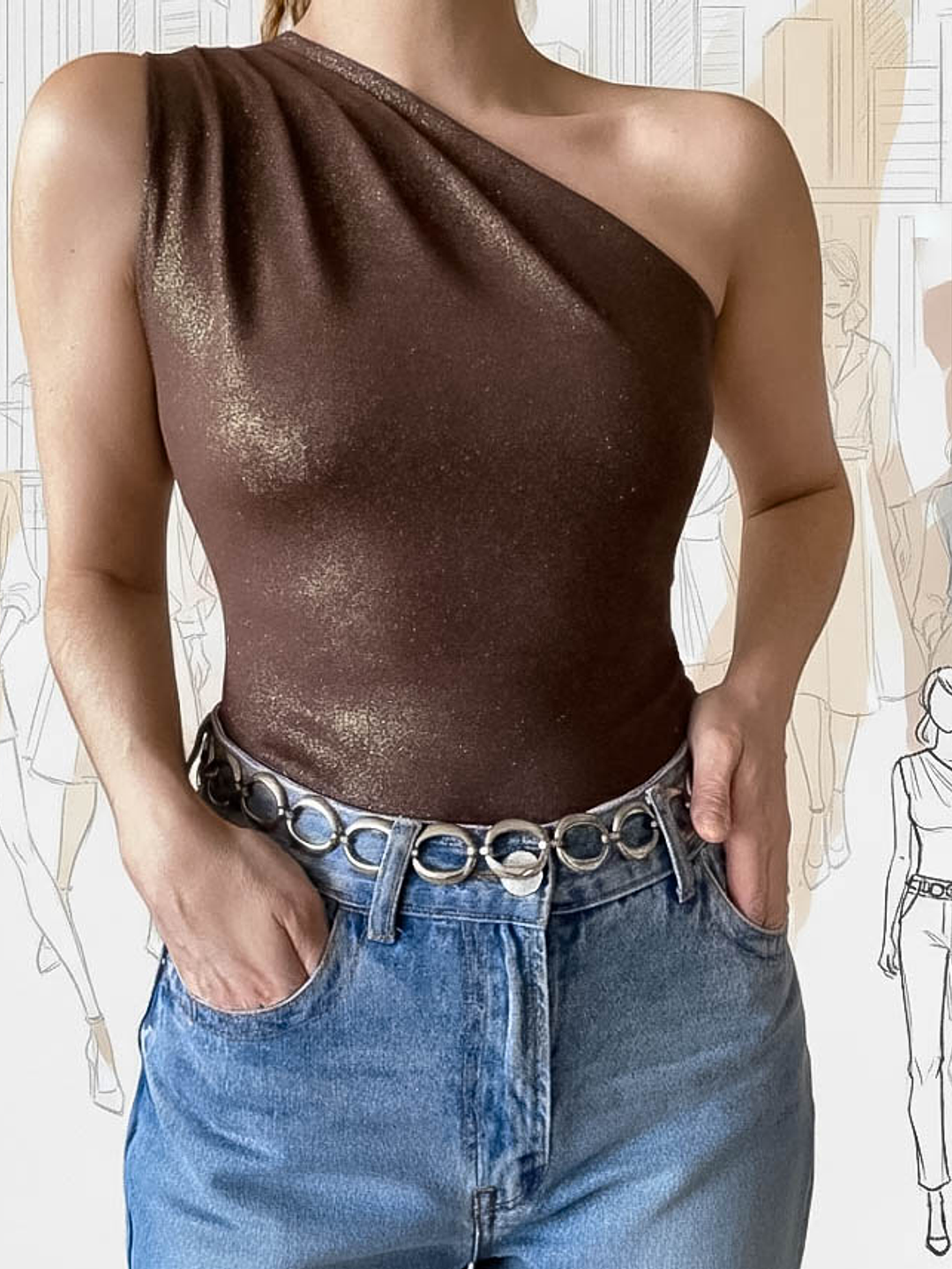 Top asimétrico café dorado  1