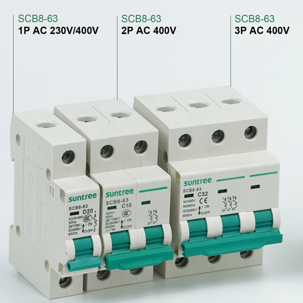Interruptor automático AC 25A 2P 6kA 400V MCB SCB8-63