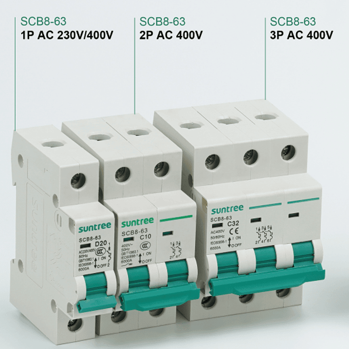 SUNTREE INTERRUPTOR AUTOMATICO AC 32A 2P 6KA 400V MCB SCB8-63 2