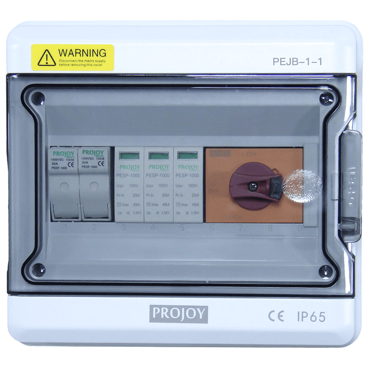 PROJOY CAJA DC COMBINER 1 STRINGS 1 SALIDAS DC 20A 1000V IP65 PEJB-1-1 1