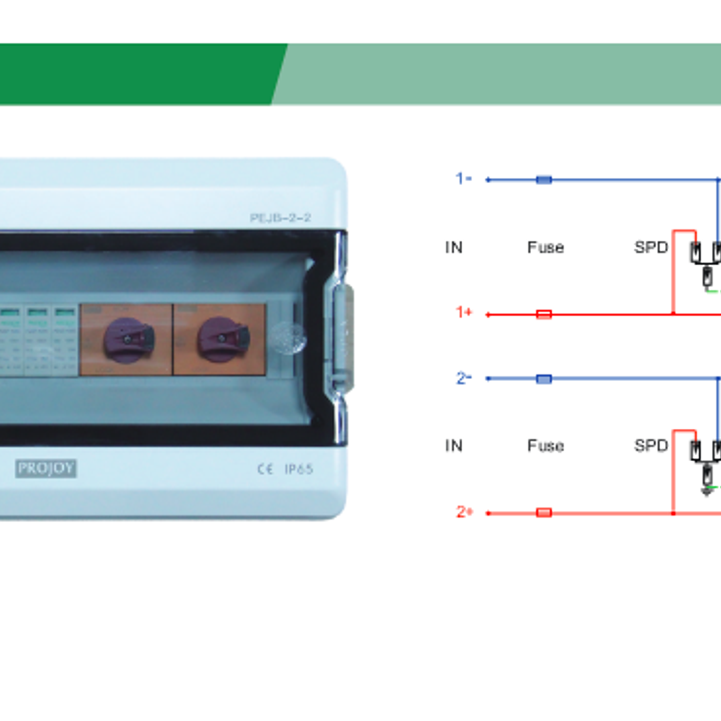PROJOY CAJA DC COMBINER 2 STRINGS 2 SALIDAS DC 20A 1000V IP65 PEJB-2-2 2