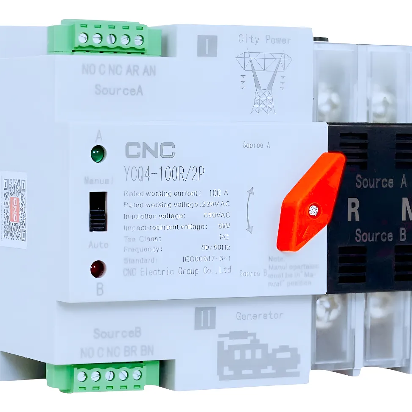 CNC switch de transferencia automatica 2 POLOS 100A 8KA YCQ4-100R/2P 100A 1