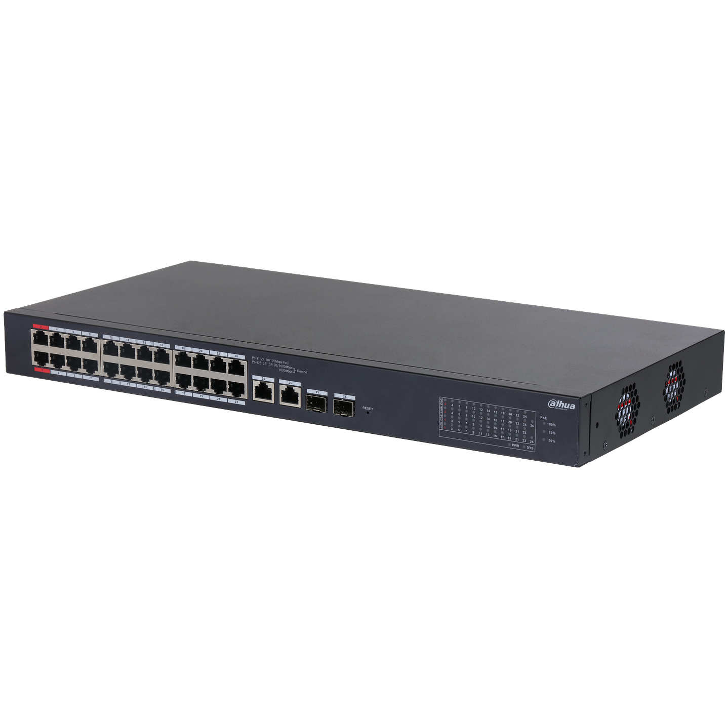 Switch poe 24 puertos poe 10/100 mbps 2 puertos 1gbps administrable cloud  DH-CS4226-24ET-375 2