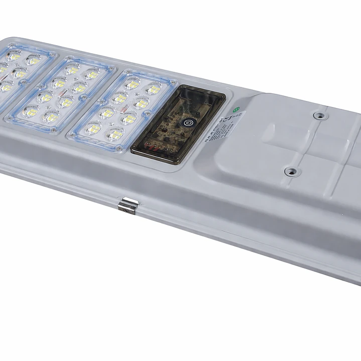 FOCO LED SOLAR TIPO ALUMBRADO PUBLICO 150W LUZ FRIA 6500K PANEL 30W BAT. LITIO 3,2V 30AH SENSOR PIR 3