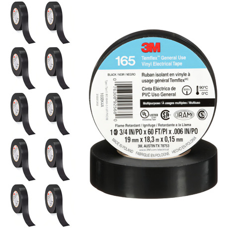 Cinta De Aislar 3m 1600 165 Negra De 3/4 Caja Con 10 Piezas 1