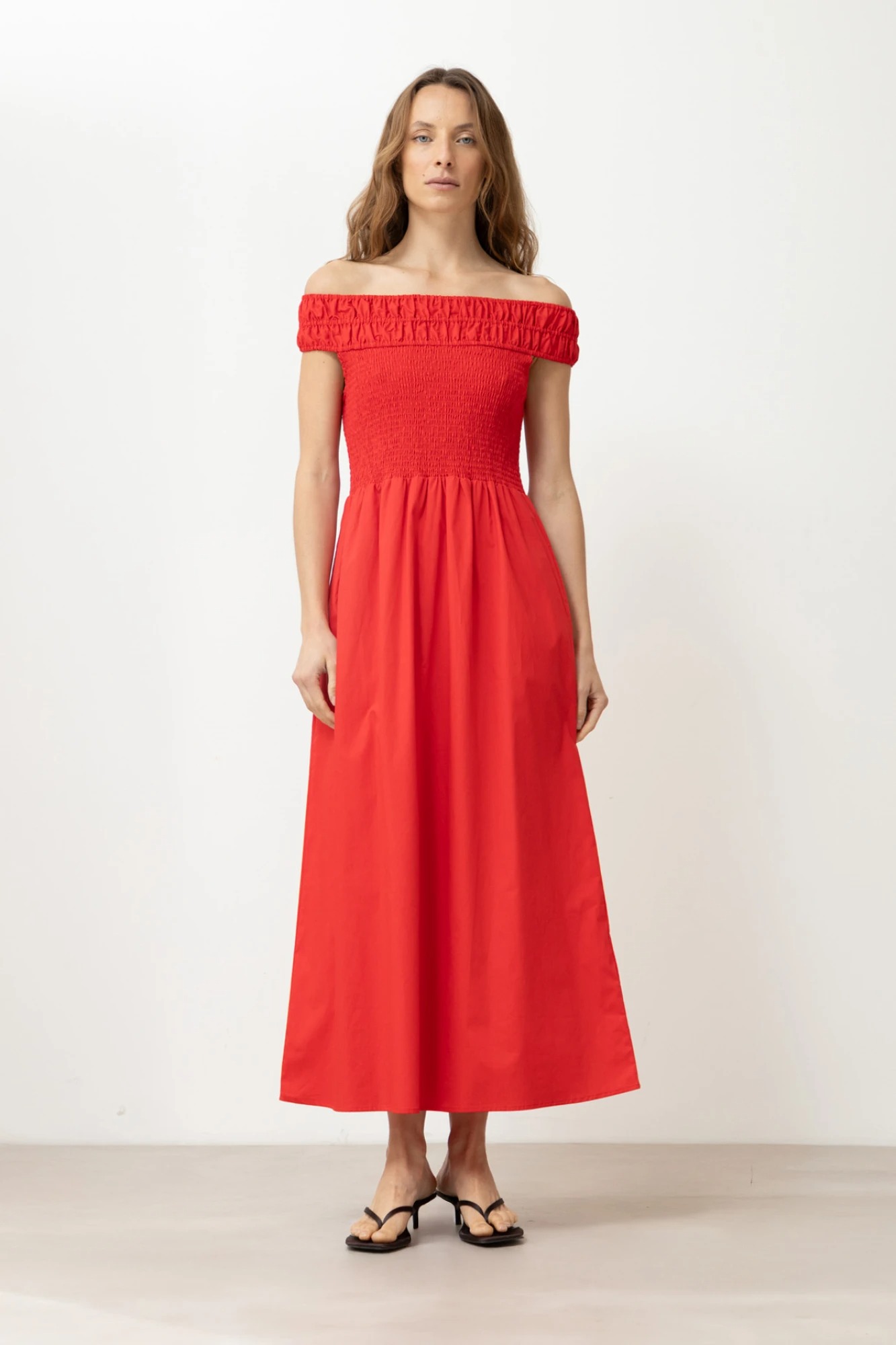 Vestido escote bardot con bolsillos - rojo 1