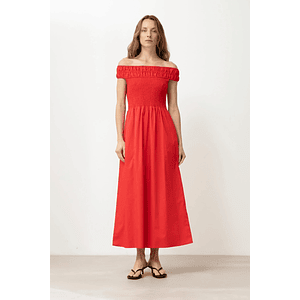 Vestido escote bardot con bolsillos - rojo