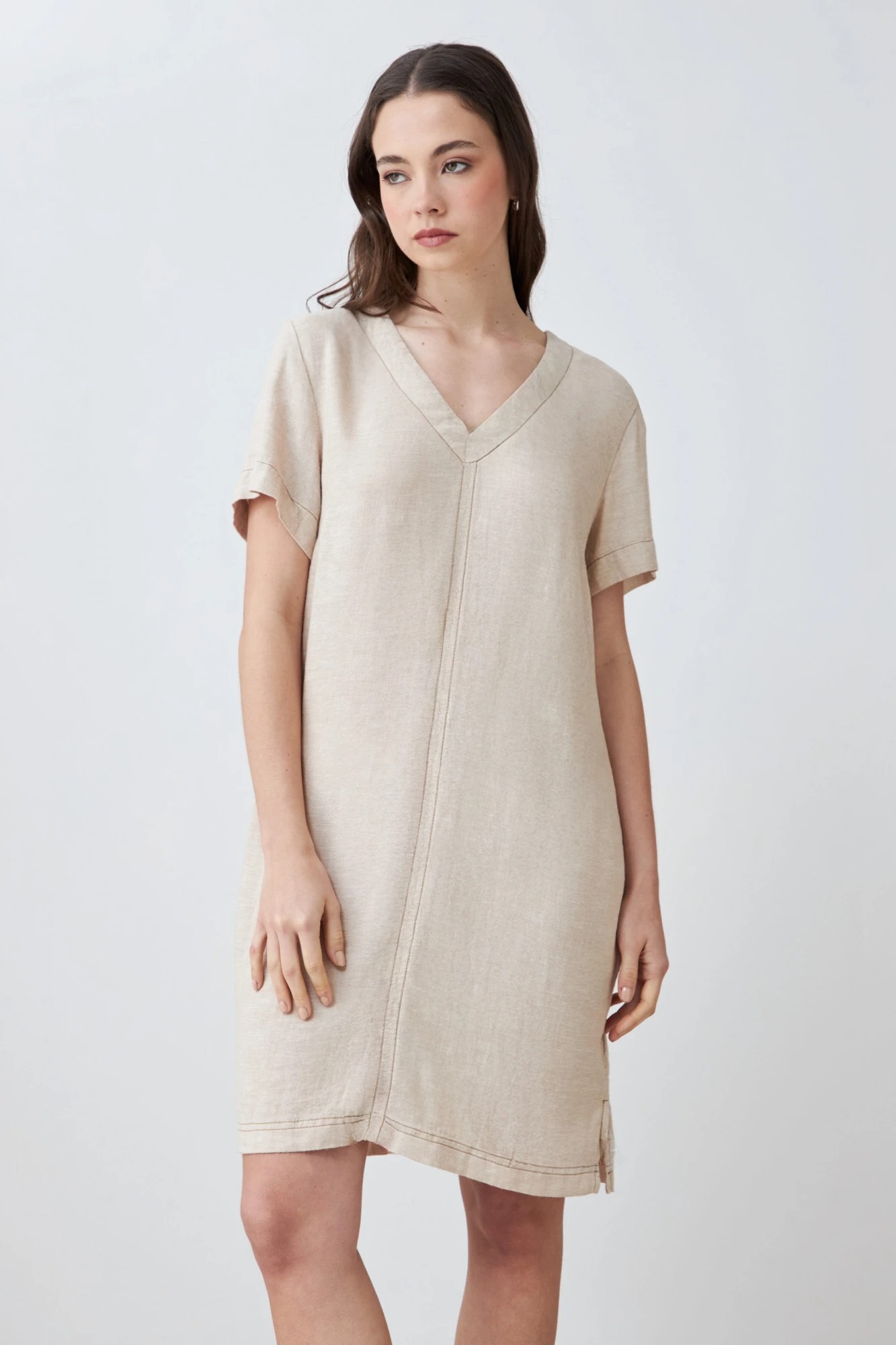 Vestido de lino con pespuntes en contraste - beige melange 3