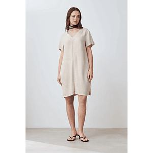 Vestido de lino con pespuntes en contraste - beige melange