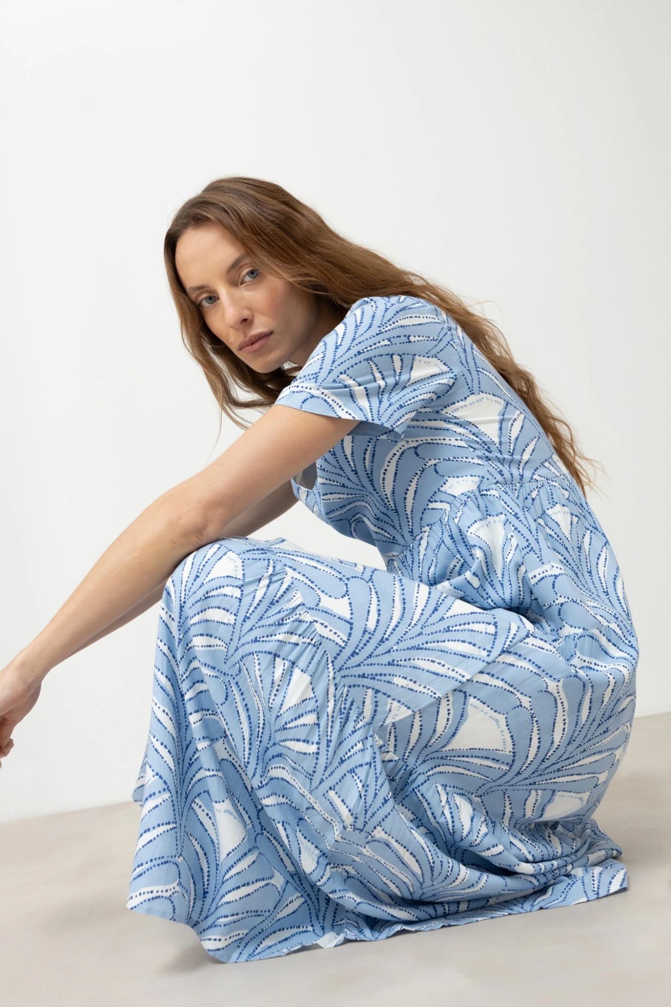 Maxi vestido manga corta estampado - celeste 1