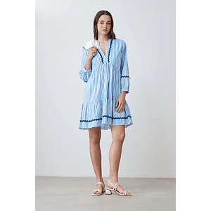 Vestido midi rayado con cinta aplicada - celeste