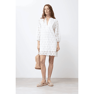 Vestido broderie cuello mao - blanco
