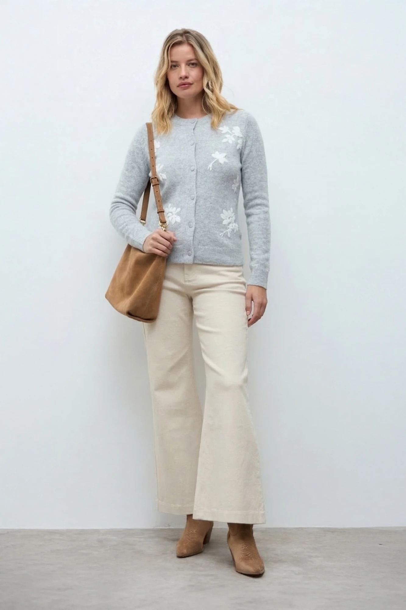 Cardigan bordado floral - gris melange 1