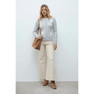 Cardigan bordado floral - gris melange
