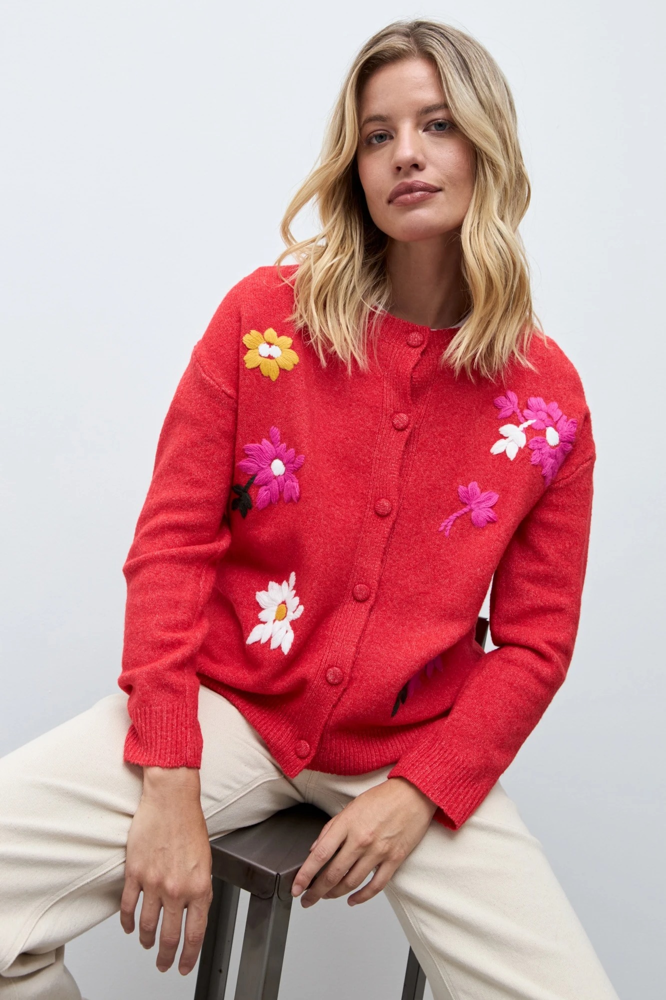 Cardigan bordado floral multicolor - rojo 1