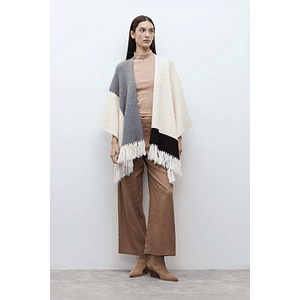 Ruana color block con flecos - crudo