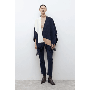 Ruana color block con flecos - azul marino