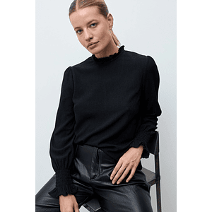 Blusa romántica puño punto smock - negro