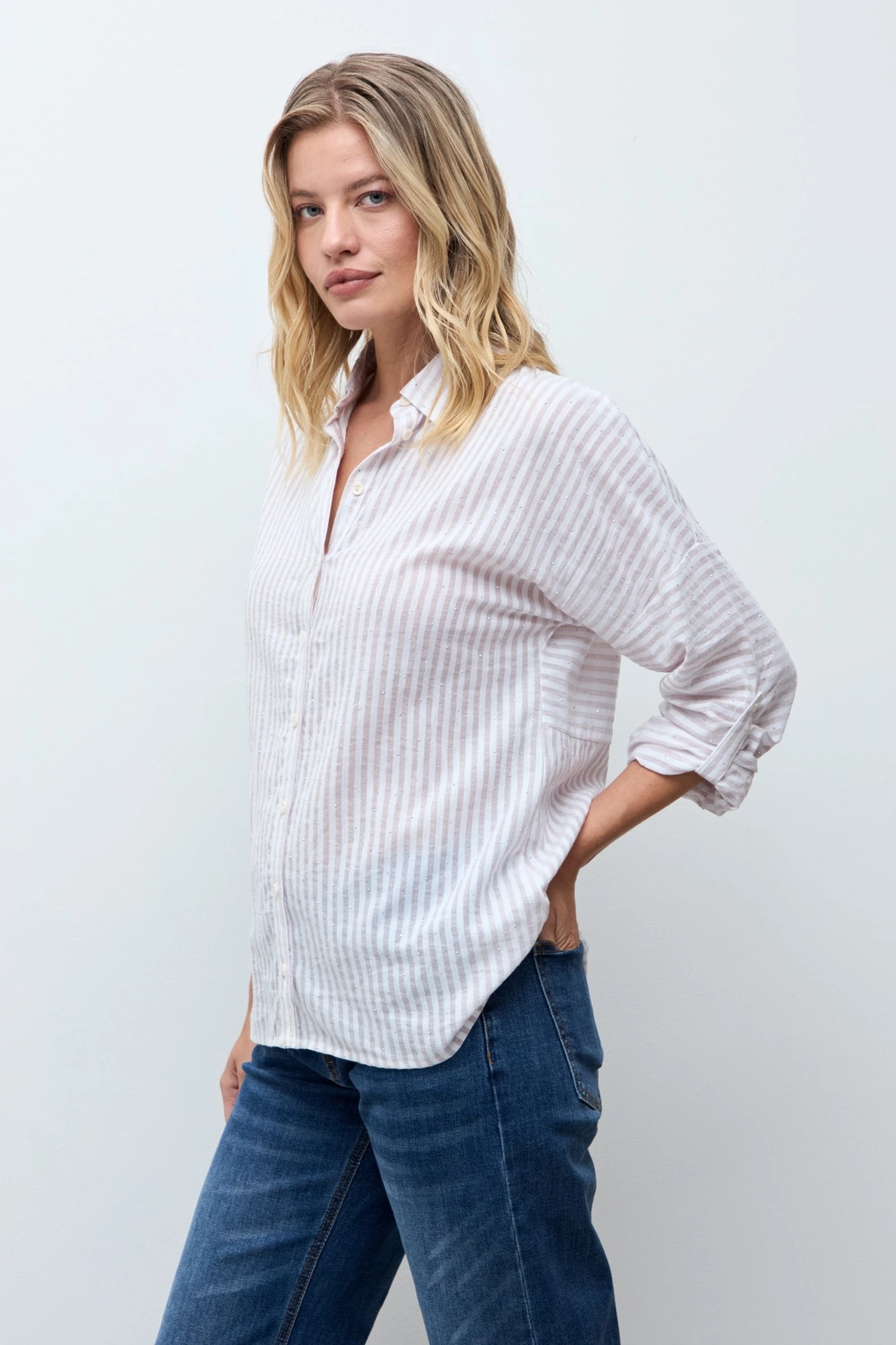 Camisa rayada con brillos - beige 2