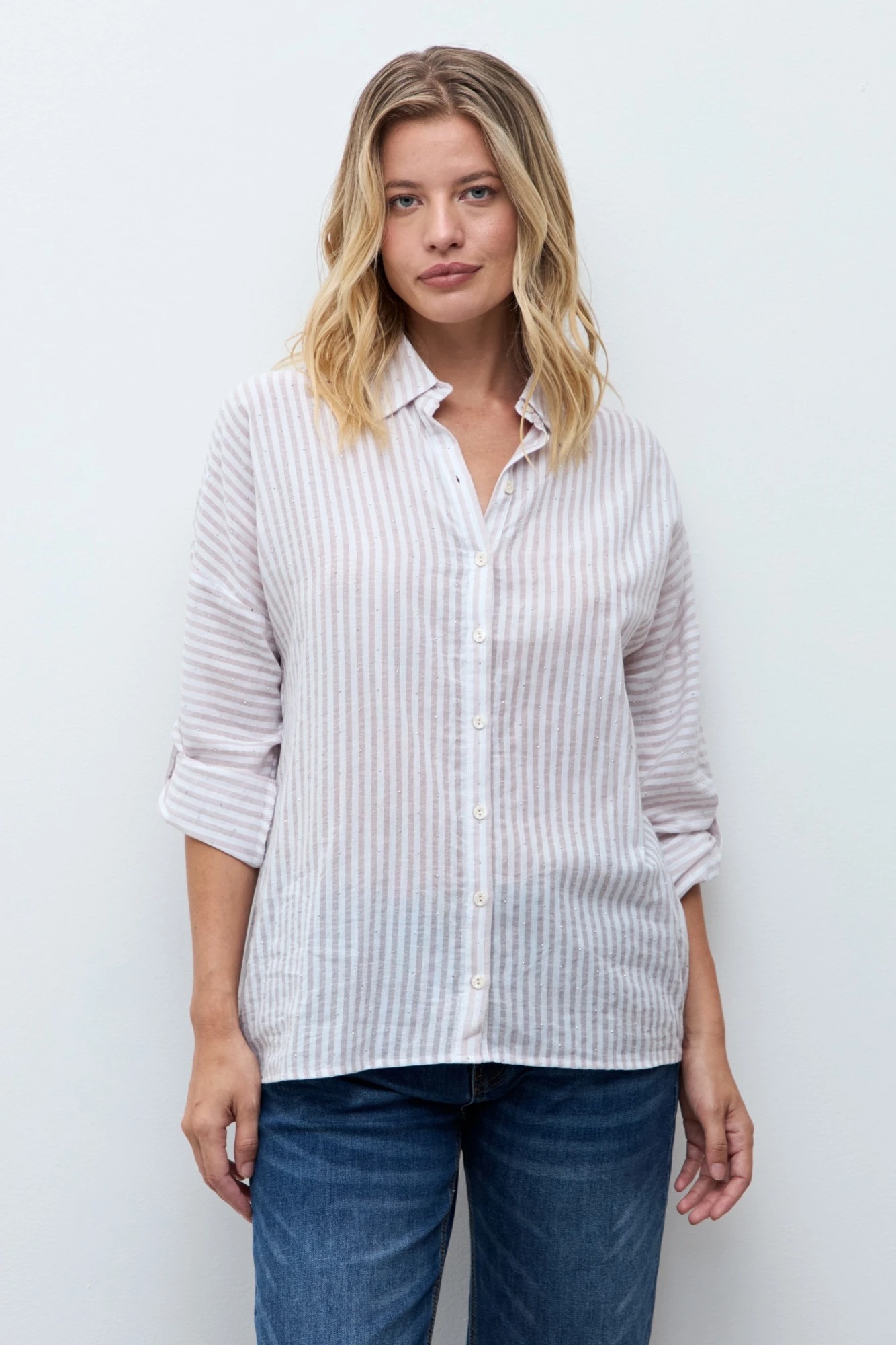 Camisa rayada con brillos - beige 4