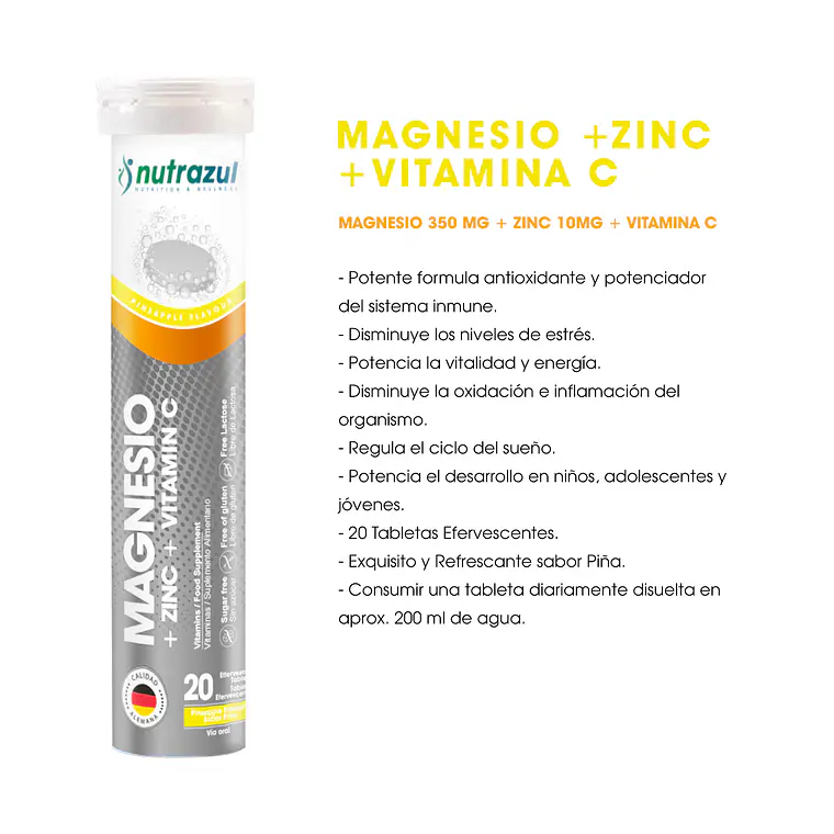 MAGNESIO + ZINC + VIT C 20 TABLETAS EFERVESCENTES SABOR PIÑA 2