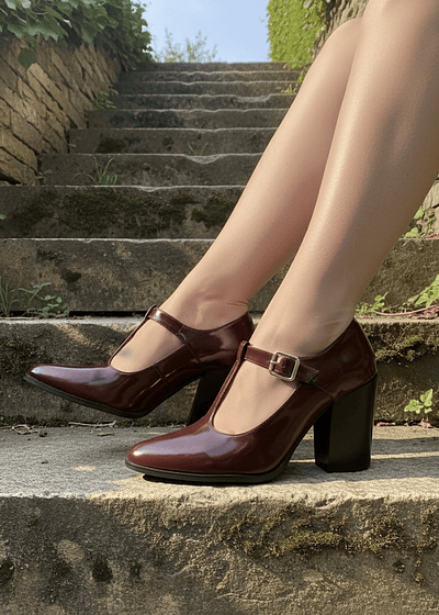 Zapato Tacon Ancho Charol Burdeo 