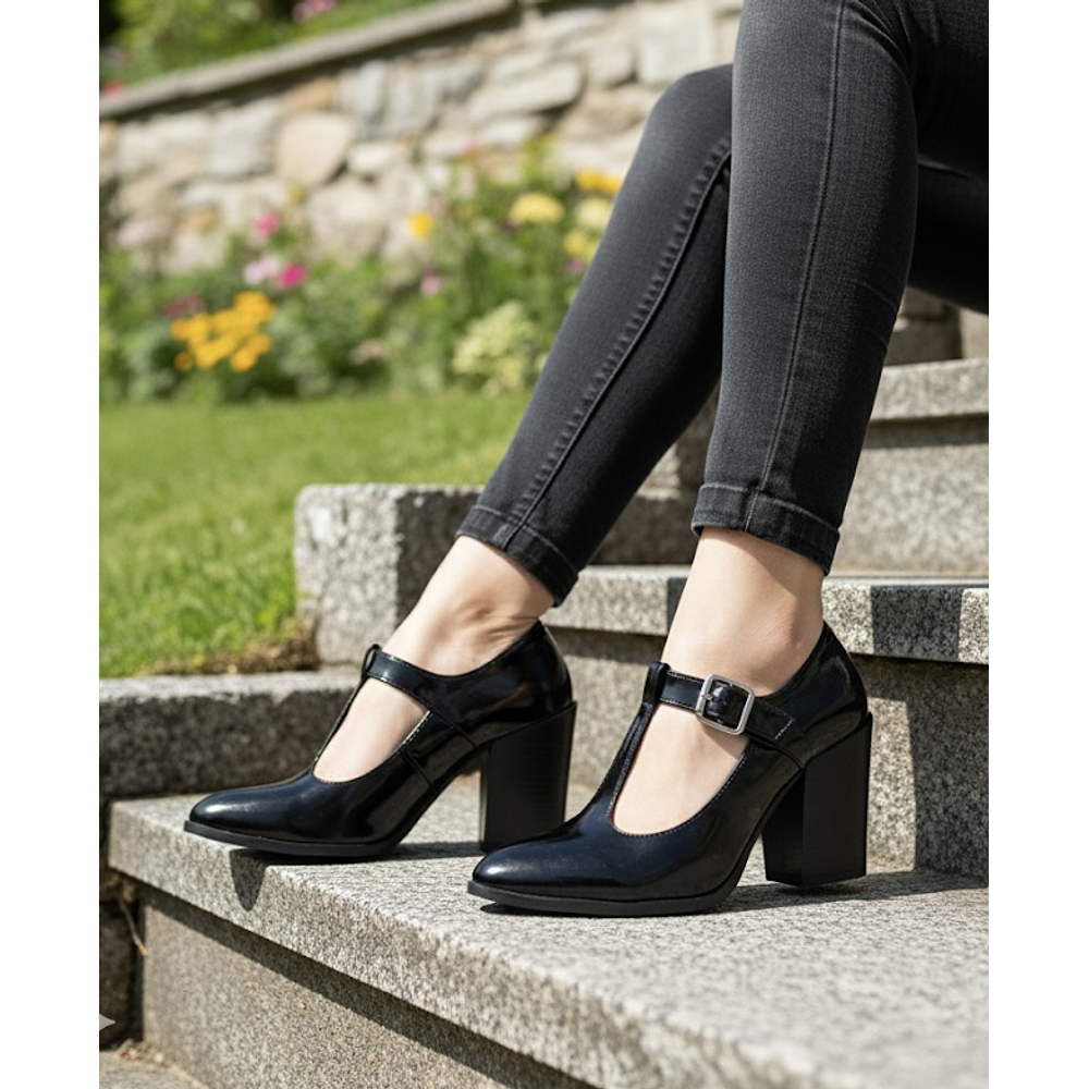 Zapato Tacon Ancho Charol Negro