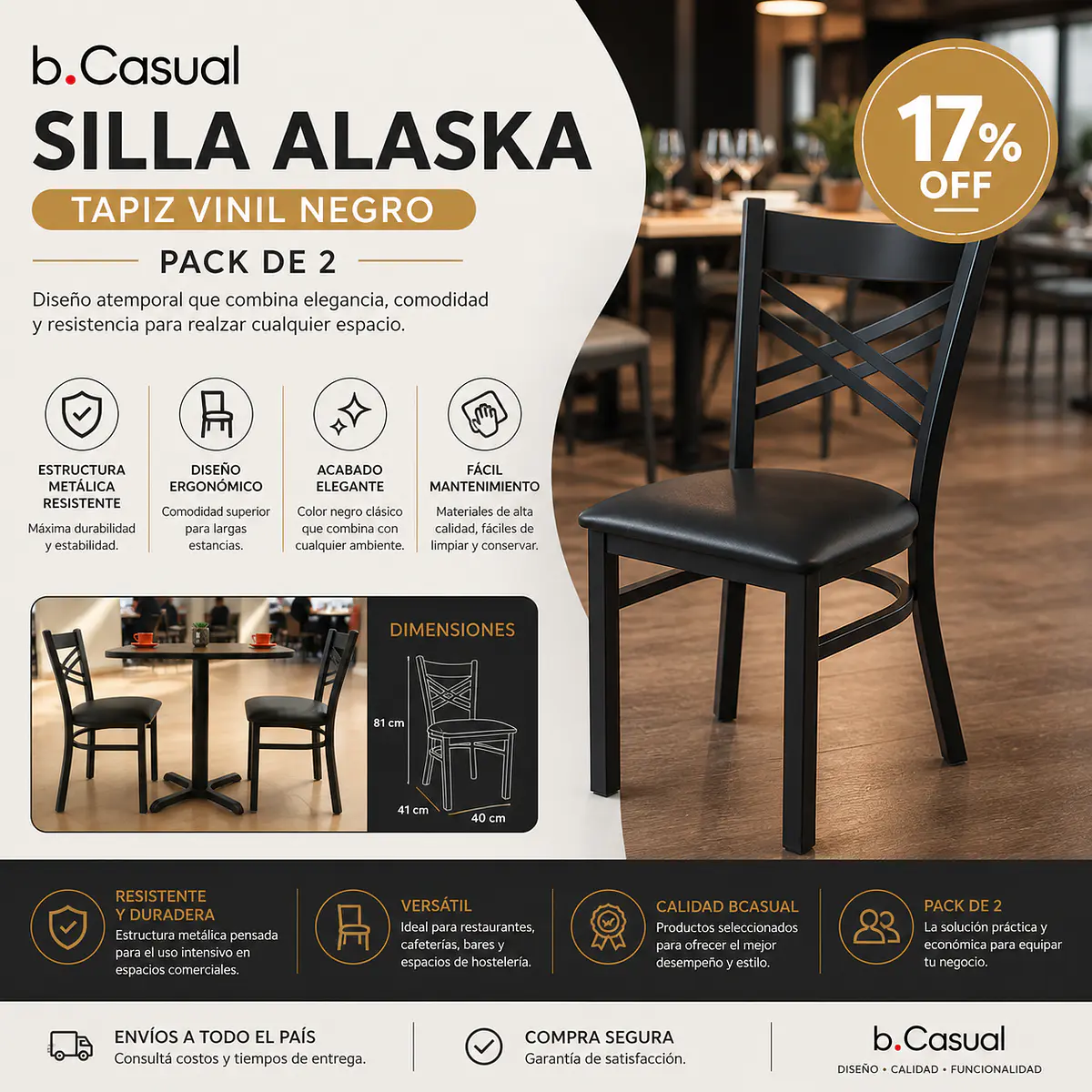 2 Silla Metal Alaska Tapiz Vinil Negro