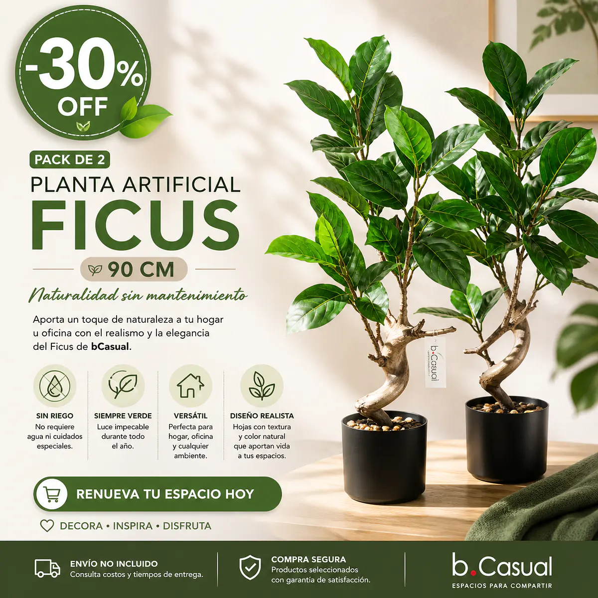 2 Planta artificial Ficus 90 cm – bCasual