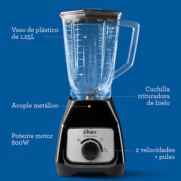 Oster® Licuadora, con Control de Perilla, 2 Velocidades más Pulso, con Vaso de Plástico, 800 W 7