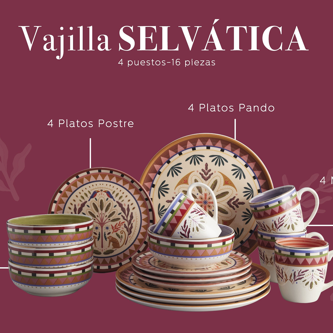 Vajilla Corona Selvática 4 Puestos 16 Piezas 3