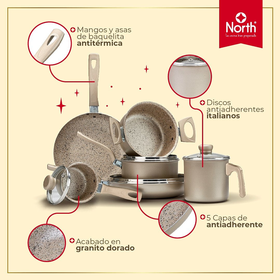 Juego de Ollas 7 piezas + 3 Utensilios Gold Encuentros / North 5
