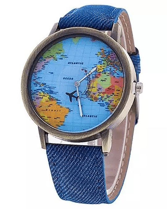 Reloj mundo Viajera azul.  +56933233889