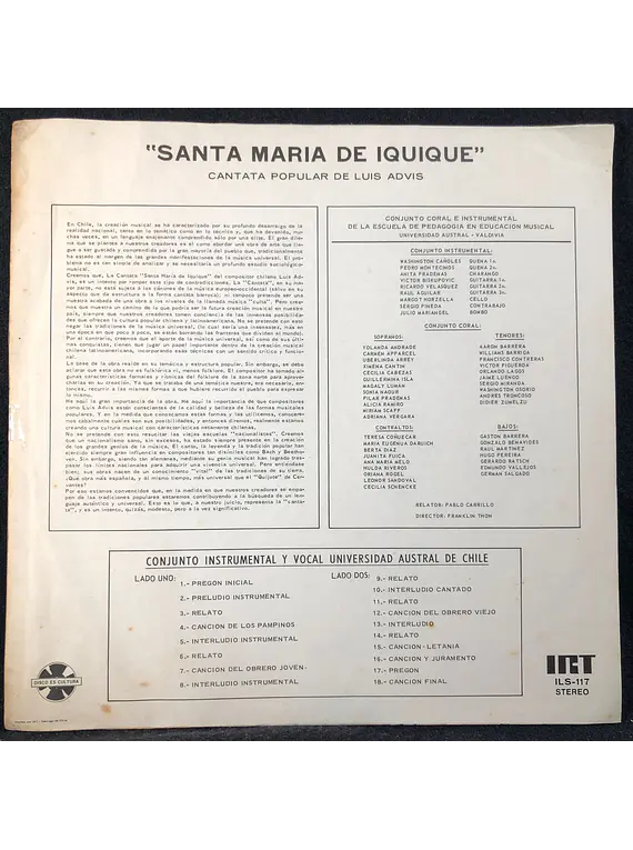 Santa Maria De Iquique Cantata Popular De Luis Advis - Universidad Austral