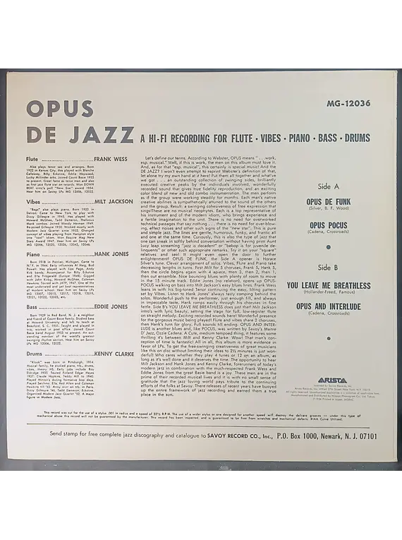 Opus De Jazz - Milt Jackson, Frank Wess, Kenny Clarke, Hank Jones, Eddie Jones (Ed. Japón)