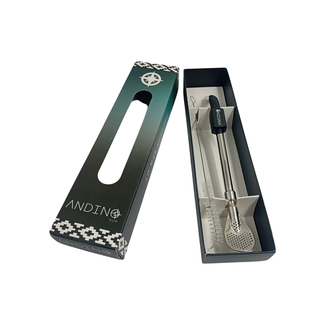 Bombilla Acero Inoxidable Con Limpiador Negra 1