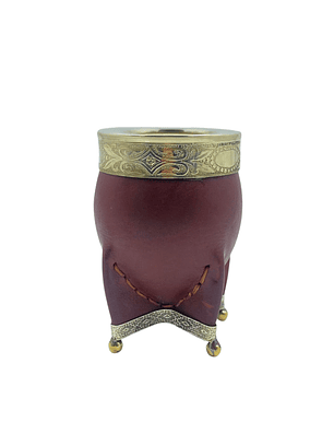 Calabaza imperial cuero  liso café c/ aplicaciones de alpaca y virola abstracta