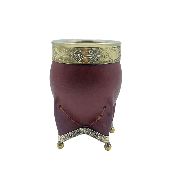 Calabaza imperial cuero  liso café c/ aplicaciones de alpaca y virola abstracta 1