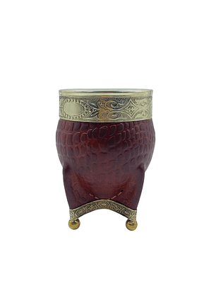 Calabaza imperial cuero café diseño c/ aplicaciones de alpaca y virola abstracta 