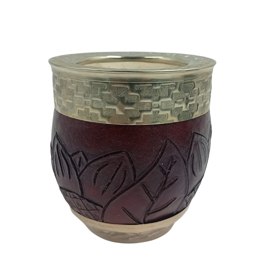 Mate Imperial Roma de Calabaza con Cuero Repujado Marrón y Virola pampa 1