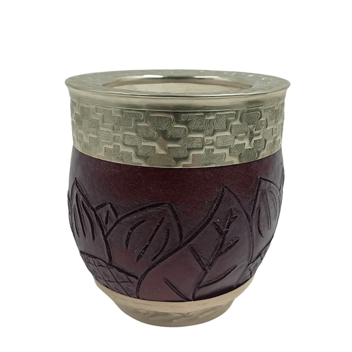 Mate Imperial Roma de Calabaza con Cuero Repujado Marrón y Virola pampa 1