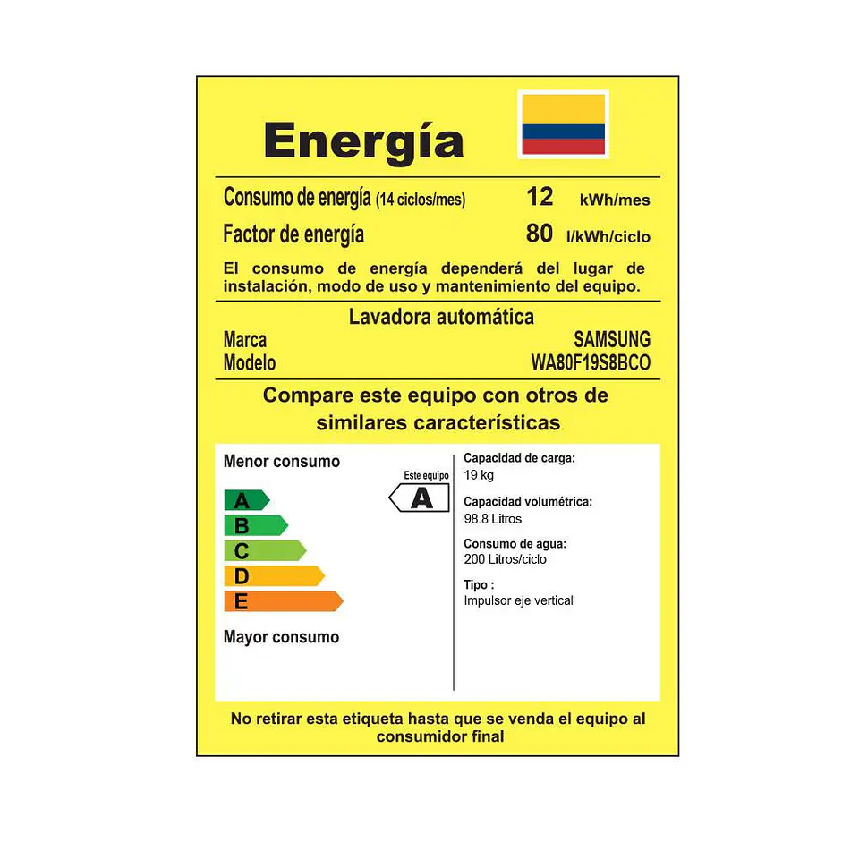 Lavadora SAMSUNG Carga Superior 19 kg (42 lb) WA80F19S8BCO 6