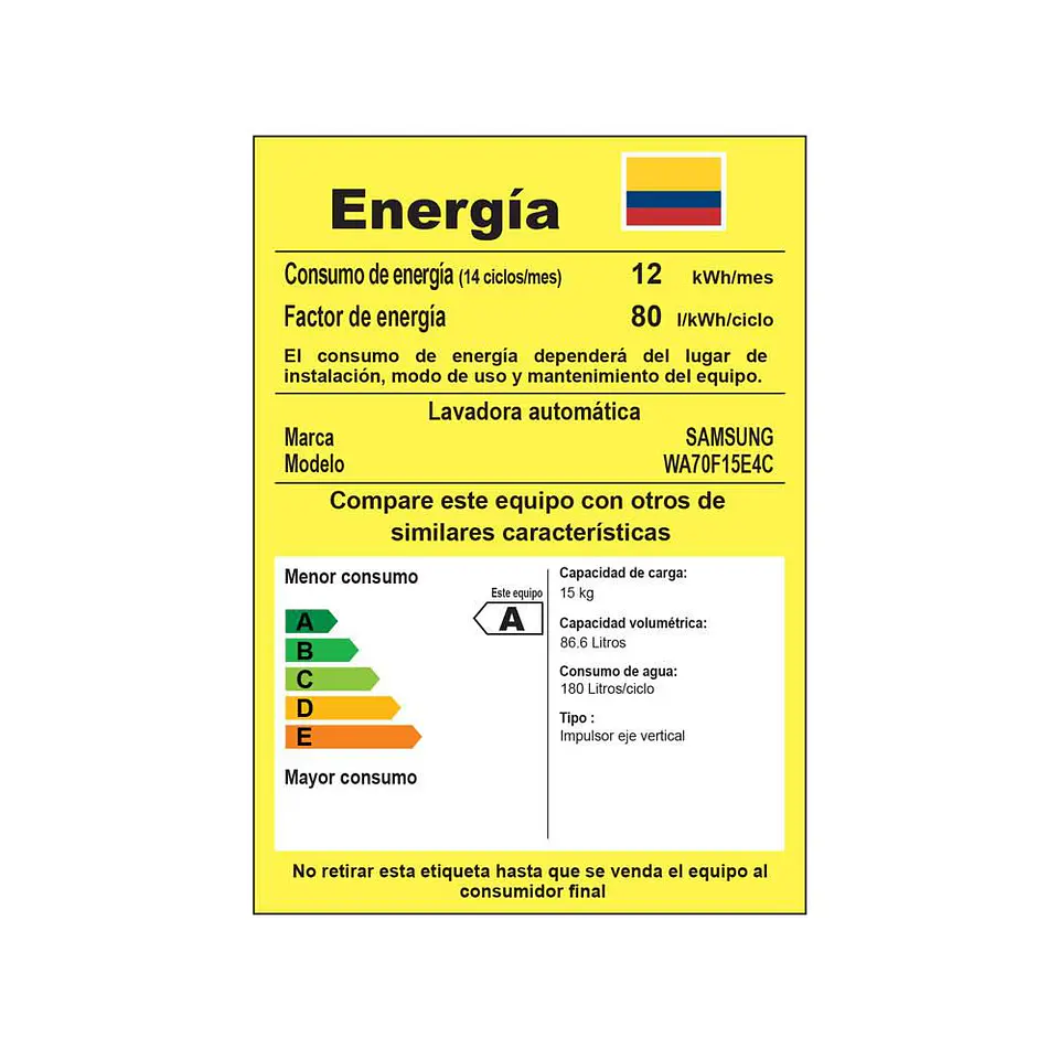 Lavadora carga superior SAMSUNG Carga Superior 15 kg (33 lb) WA70F15E4CCO 5