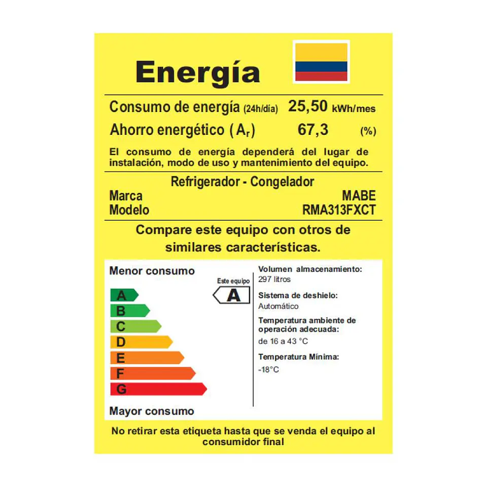 Nevera MABE No Frost Congelador Superior 313 Litros Brutos RMA313FXCT RMA313FXCT Platinum 7