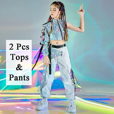 PU Hip-Hop Dance Clothes Reflective Rave Outfit Girl Sets Jazz Dancewear Festival Crop Tops Cargo Pants Catwalk Show Costume