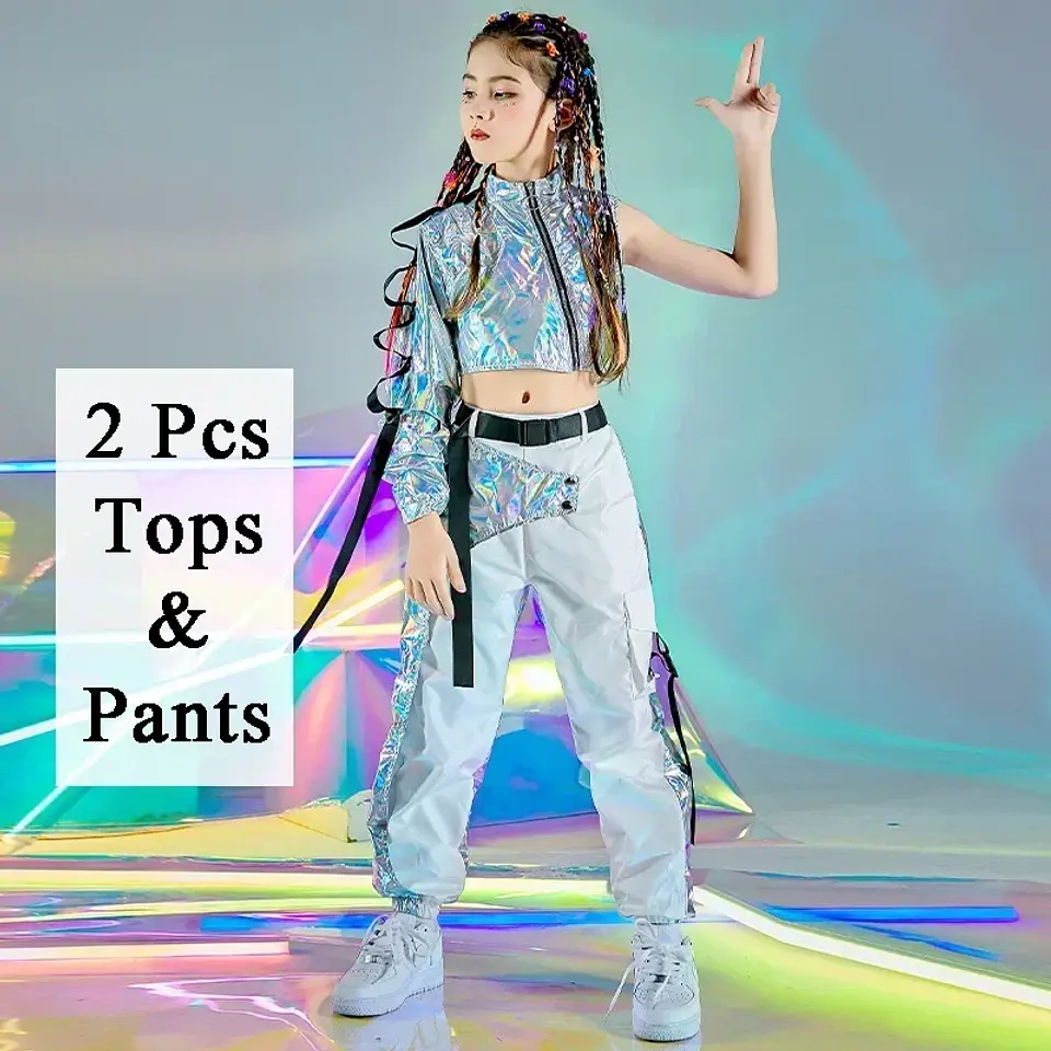 PU Hip-Hop Dance Clothes Reflective Rave Outfit Girl Sets Jazz Dancewear Festival Crop Tops Cargo Pants Catwalk Show Costume 1
