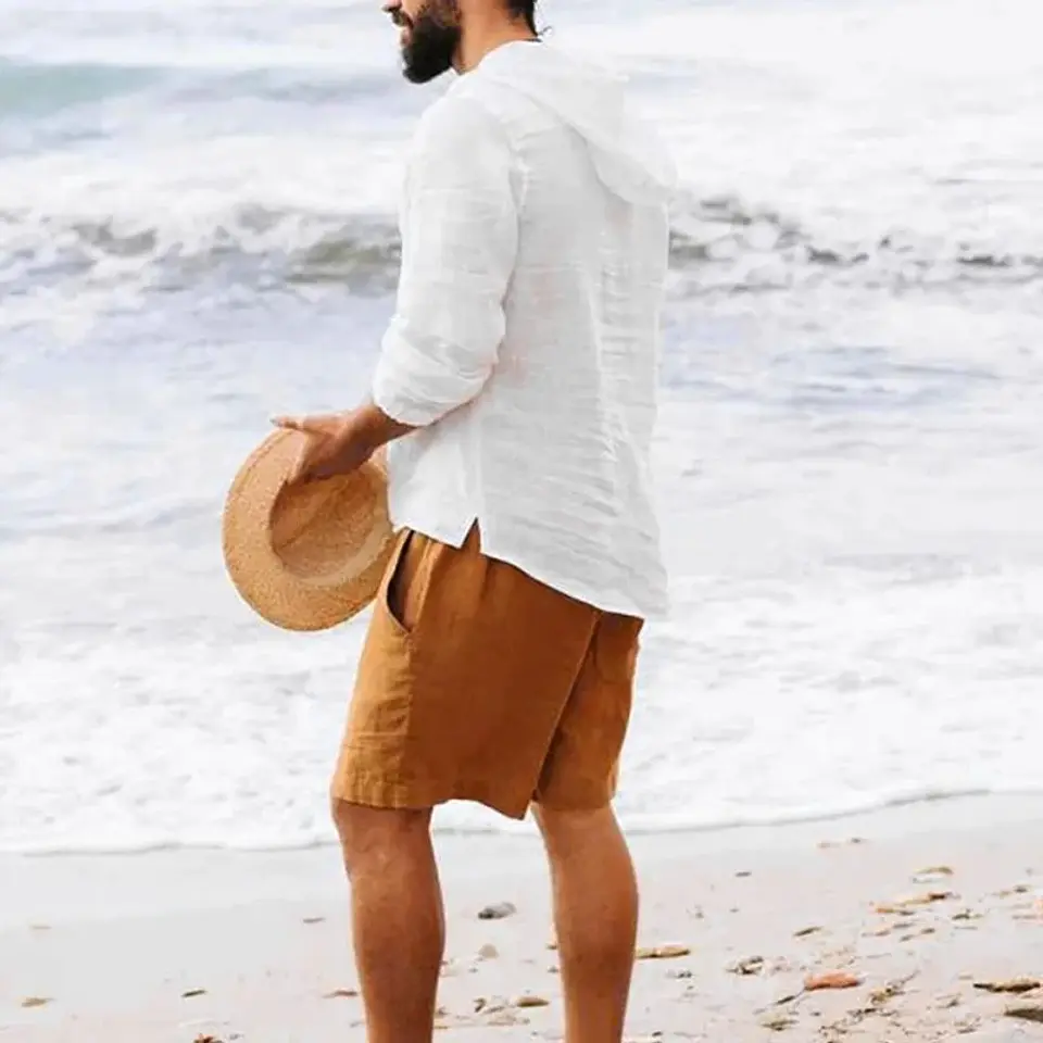 рубашка 2026 Men Shirts Hooded Solid Color Long Sleeve Tops Casual Buttons Cotton Linen Vintage Summer Beach Shirts 2