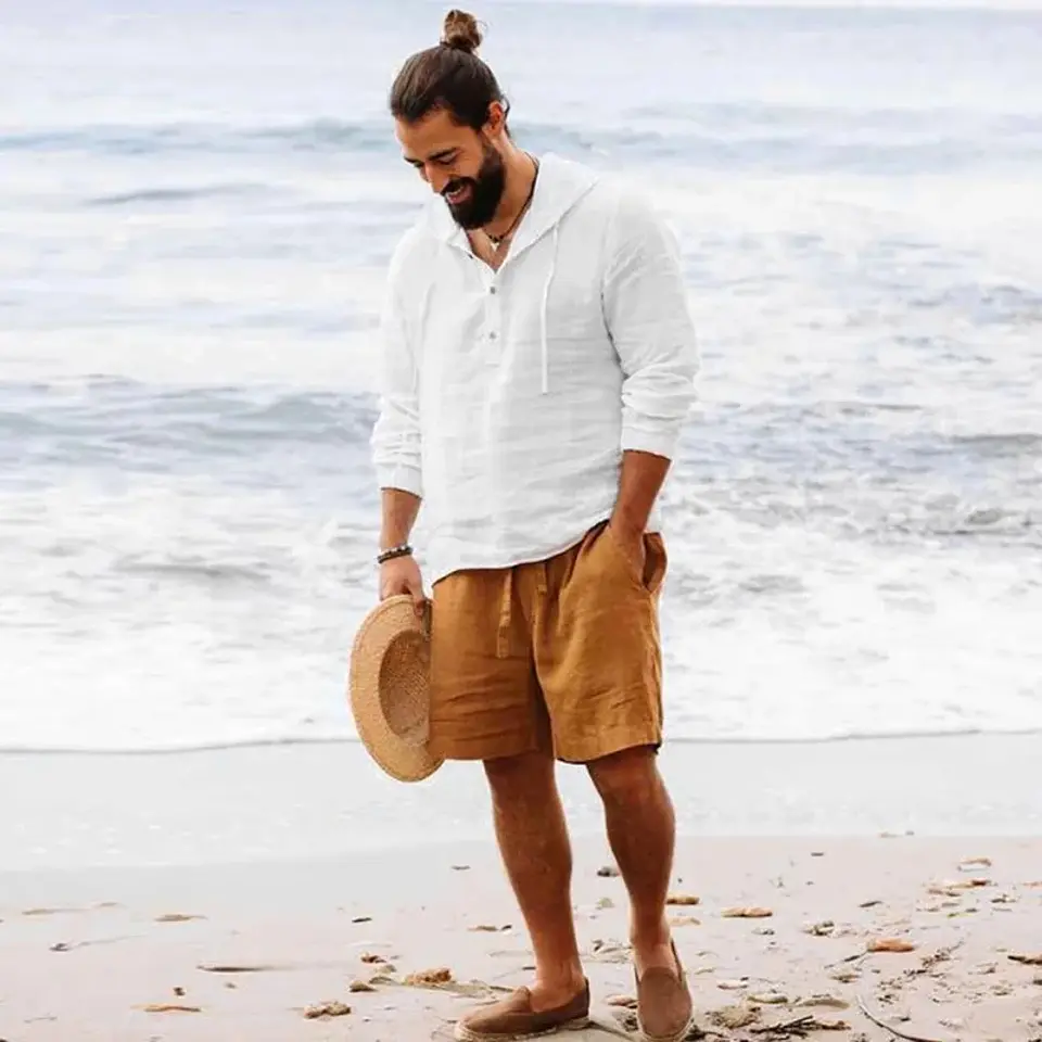рубашка 2026 Men Shirts Hooded Solid Color Long Sleeve Tops Casual Buttons Cotton Linen Vintage Summer Beach Shirts 3